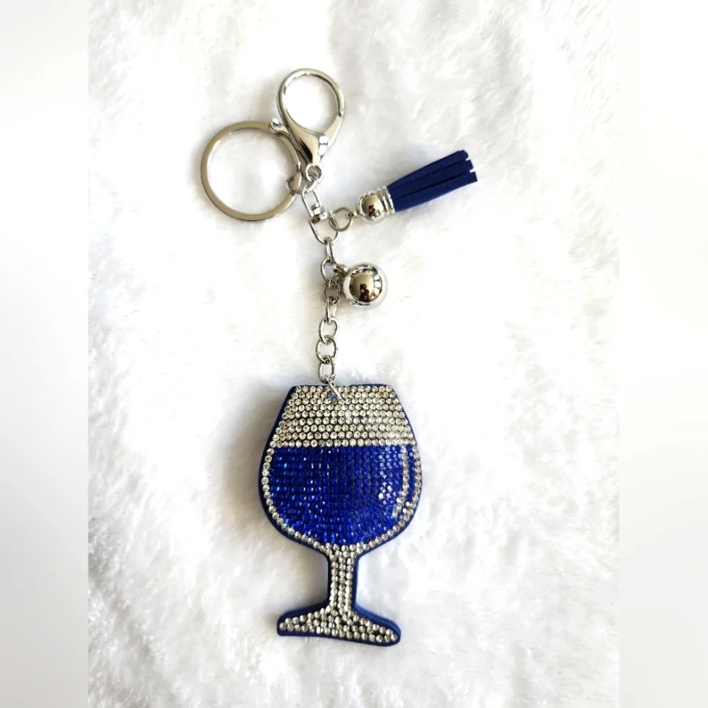 Wine Glass Blue and Silver Rhinestone Keychain Bag Charm